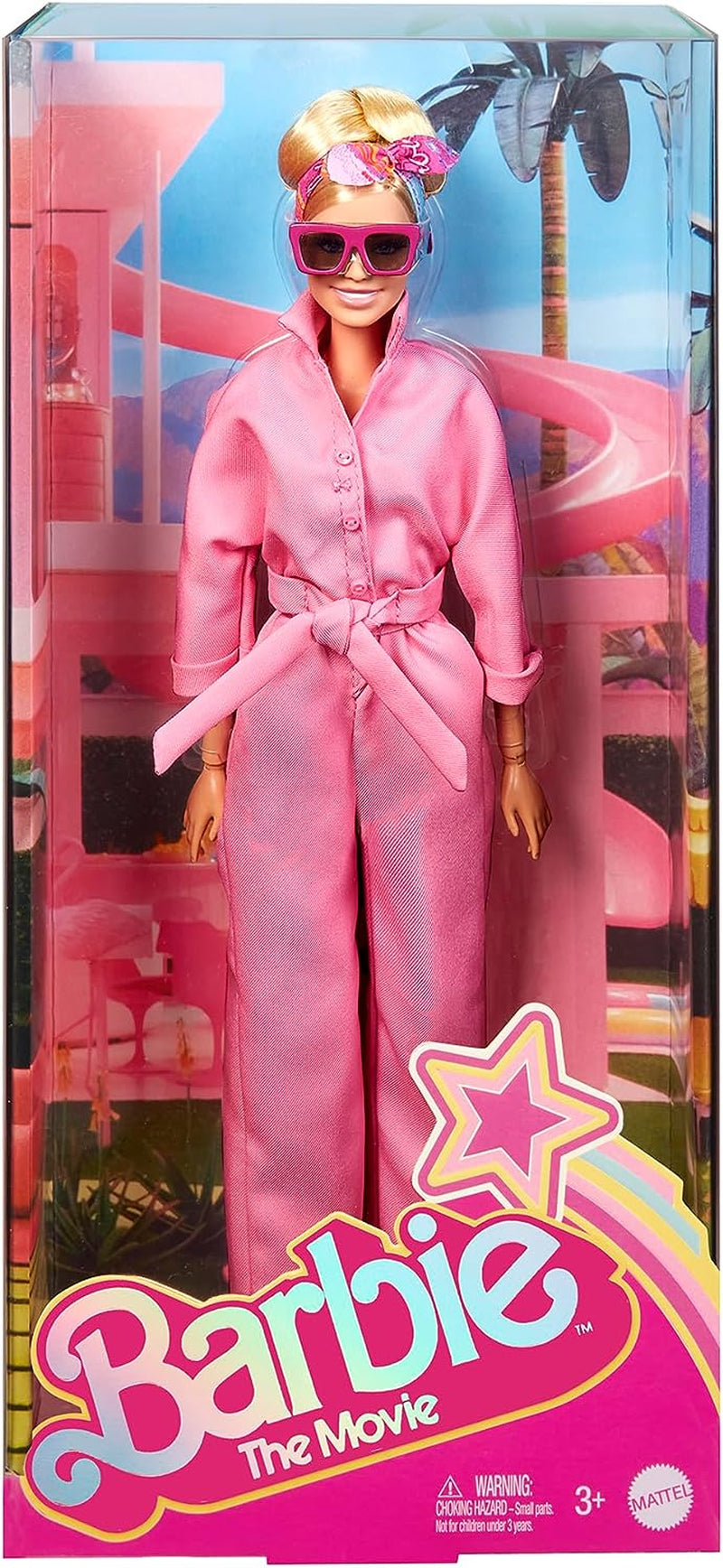 BARBIE THE MOVIE Margot Robbie - Puppe mit Kaugummi-Rosa Jumpsuit, Messy Updo, Sonnenbrille, Kopftuch, Wedge-Sneakers, Sammlerverpackung, für Kinder ab 3 Jahren, HRF29