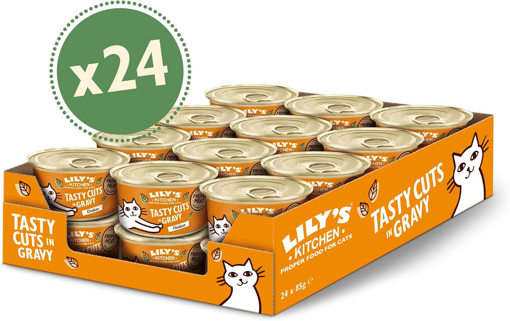 Hrană umedă naturală Lily's Kitchen pentru pisici adulte, la conservă, bucăți gustoase în sos cu pui, rețetă fără cereale (24 tăvi x 85 g)