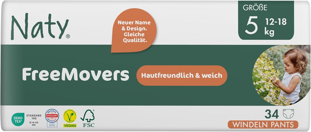 Scutece Naty FreeMovers pentru bebeluși | Huse de scutece certificate, prietenoase cu pielea | Moi și fără parfum | Absorbante și rezistente la scurgeri | Testate dermatologic | Mărimea 5 (12–18 kg) | 80 bucăți
