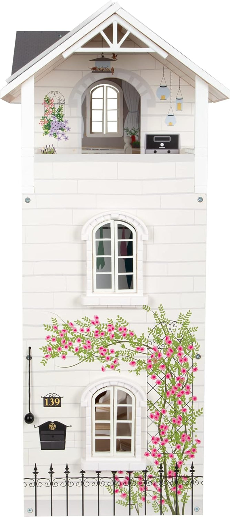 Casă de păpuși Small Foot Vilă de oraș din lemn, cu 3 etaje, față deschisă și 12 mobilier, pentru copii de la 3 ani, 11802, alb gri Casute de papusi Naty Shop