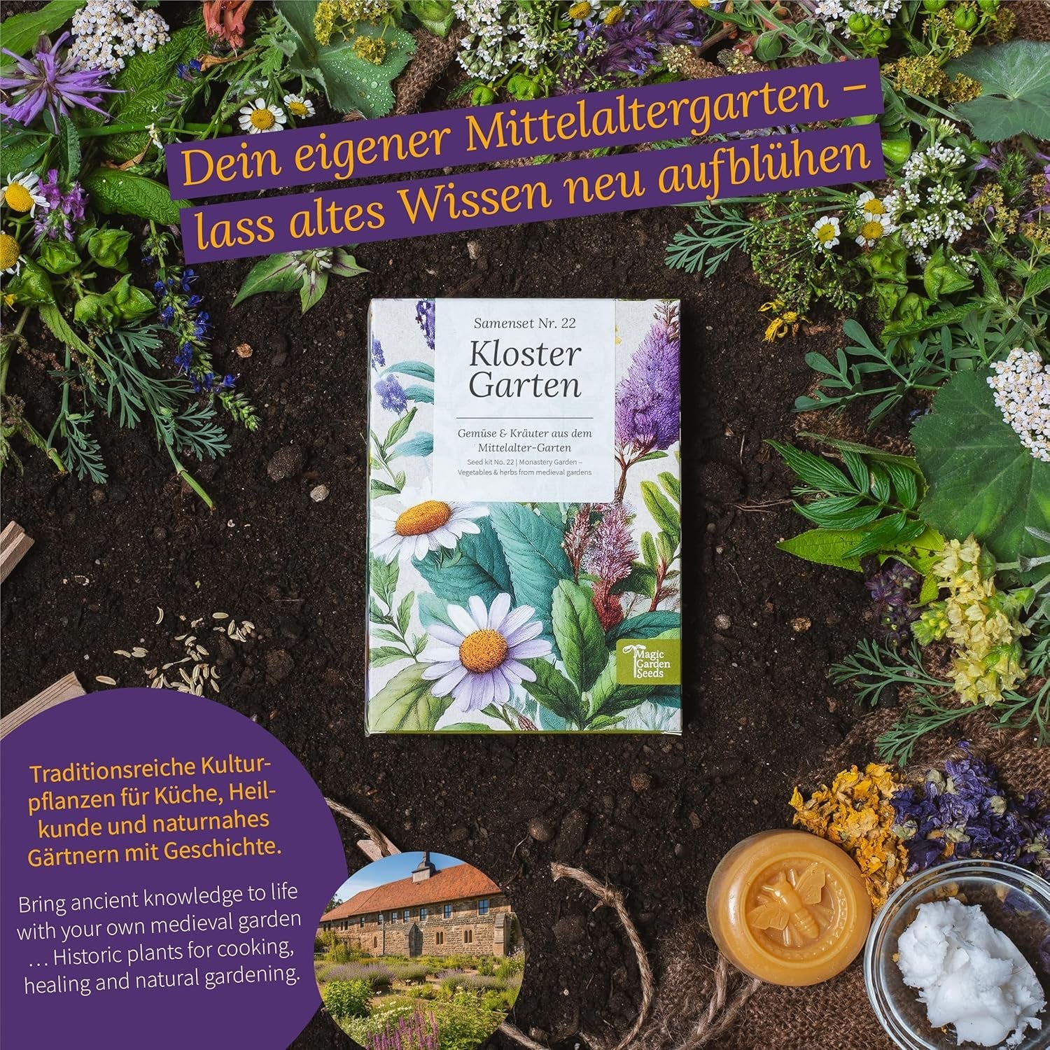 Semințe Magic Garden - Grădina Mănăstirii: Legume și Ierburi din Evul Mediu - Cutie cu Semințe cu 9 Soiuri Istorice pentru Bucătărie, Plante Medicinale și Grădină