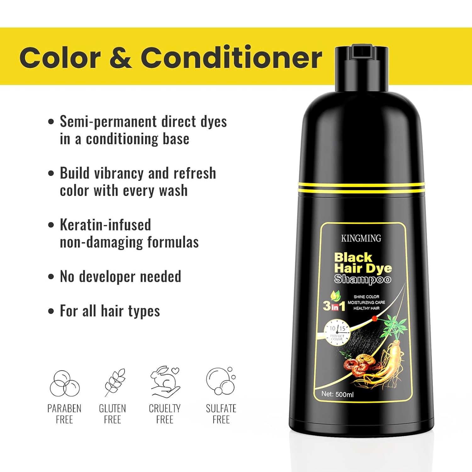 Șampon negru pentru vopsirea părului gri, șampon negru pentru vopsirea părului gri 3 în 1, șampon pentru vopsirea părului pentru bărbați și femei, șampon împotriva părului gri (500 ml) Vopsea pentru par Naty Shop