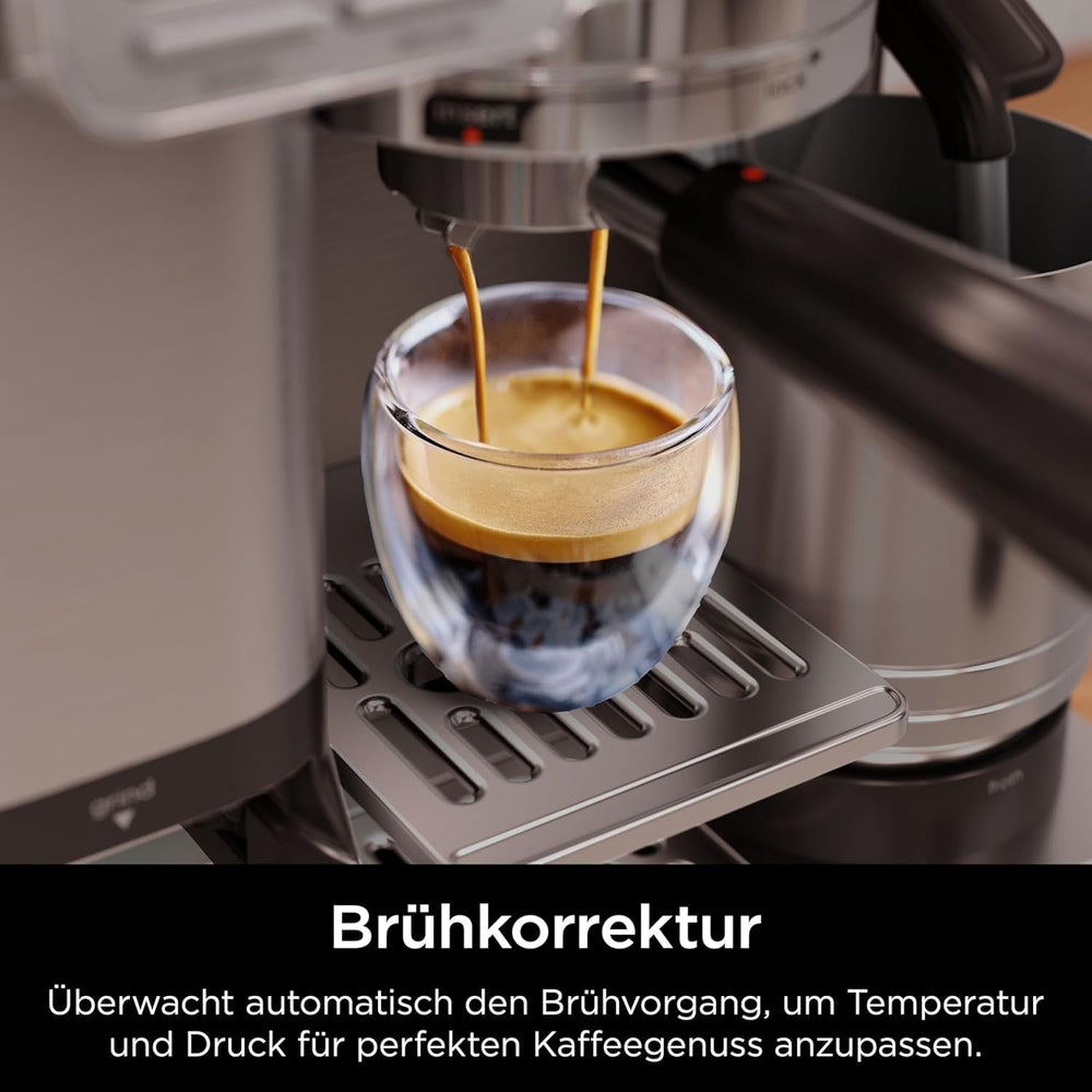 Aparat de cafea Ninja Luxe Pro 3 în 1 cu râșniță și spumator pentru latte, cappuccino, Cold Brew și espresso, ușor de utilizat, 5 presetări pentru spumator, argintiu, ES701EU