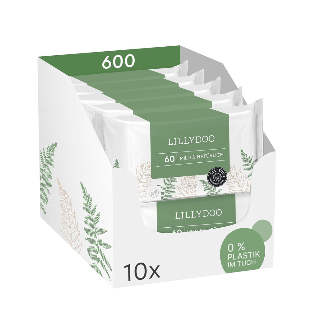 Șervețele umede LILLYDOO verzi, 600 bucăți (10 x 60), șervețel 100% fără plastic, rezistent la rupere - fără parfum, delicate și naturale, curățare delicată pentru pielea sensibilă, testate dermatologic