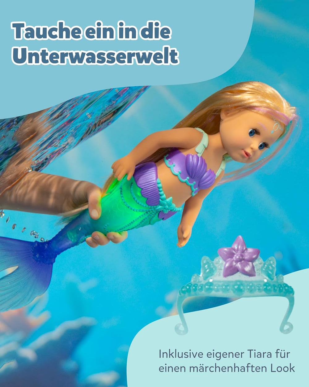 Păpușă BABY Born Mermaid - 43 cm - Păr de înaltă calitate cu șuvițe colorate - Aripioară coadă luminoasă - Funcționează cu baterii - Potrivită pentru copii cu vârsta de 3 ani și peste