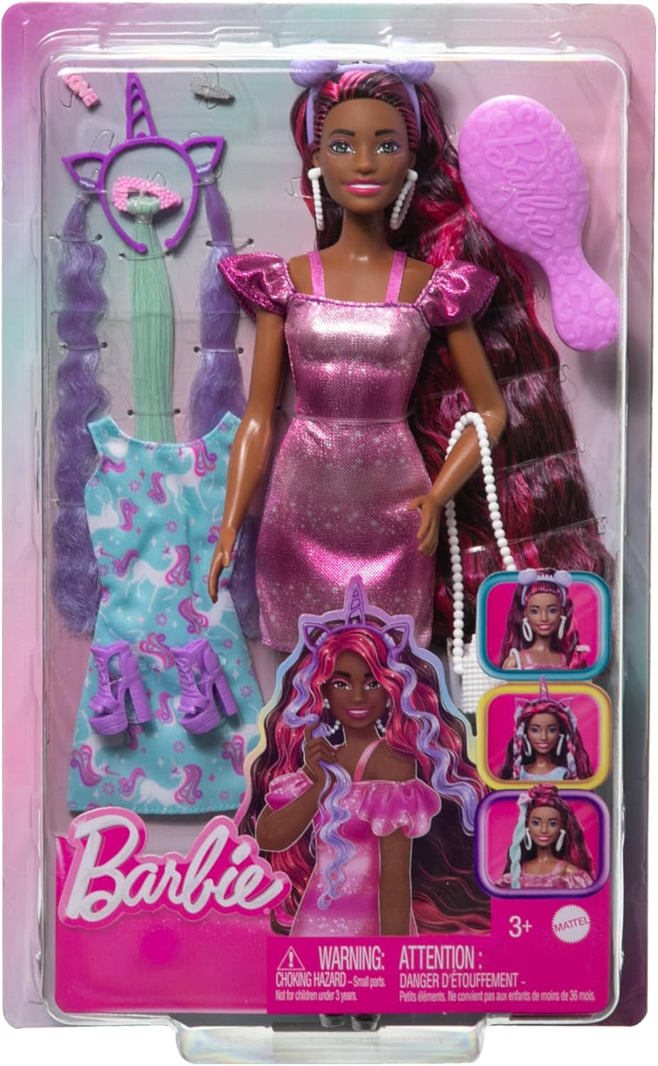 Barbie-Puppe, Fun & Fancy-Haar mit extralangem farbenfrohem schwarzem Haar und schimmerndem rosa Kleid, 10 Frisier- und Mode-Spielaccessoires, JDC86