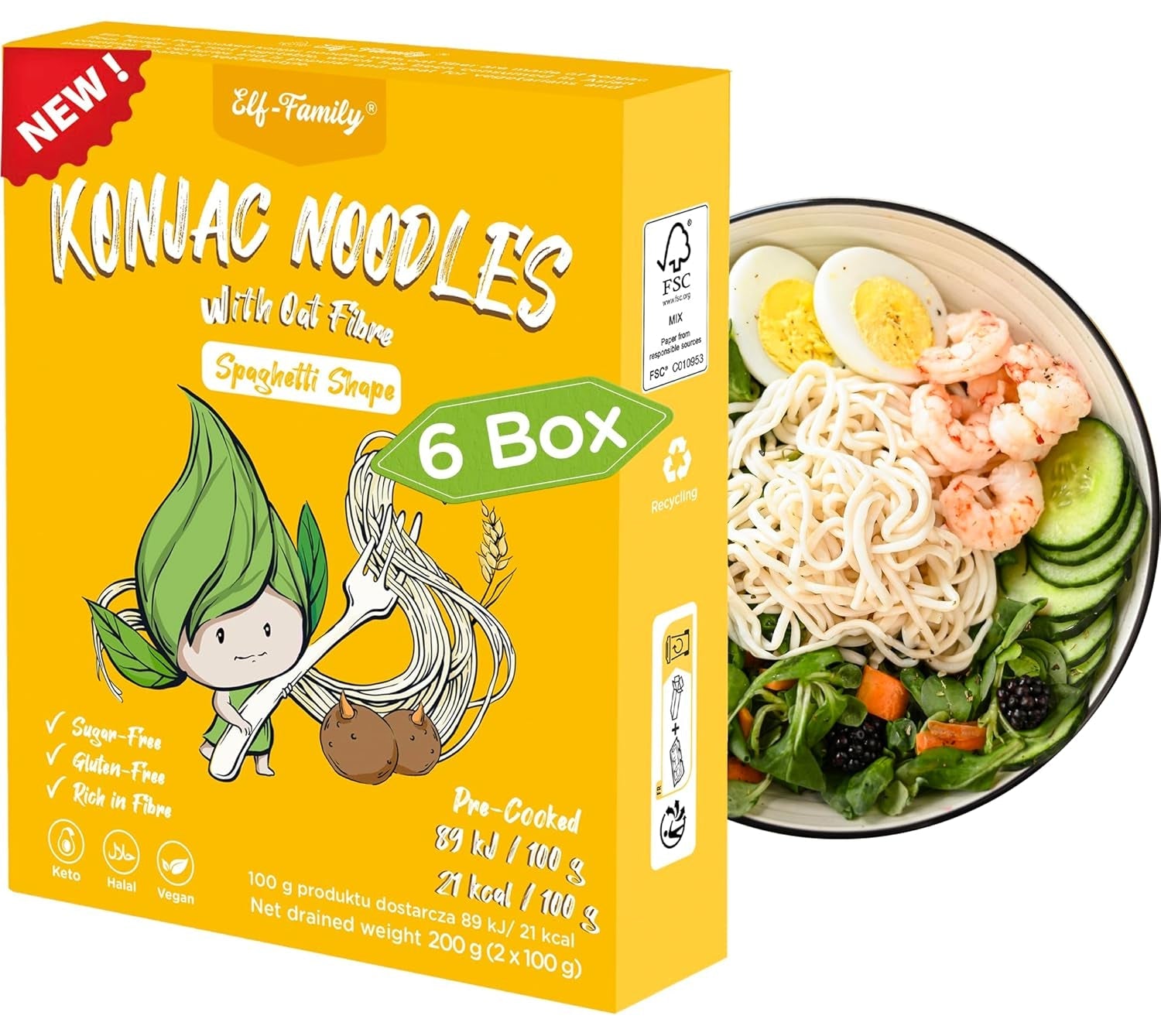 Tăiței Konjac Premium din Thailanda, Vegani, Fără Gluten - 240g x Pachet de 6 (12 pachete), Tăiței Shirataki Elf-Family, Tăiței Instant, Paste/Keto/Conținut scăzut de carbohidrați/Conținut scăzut de calorii/Fără zahăr - Spaghete și Fettuccine