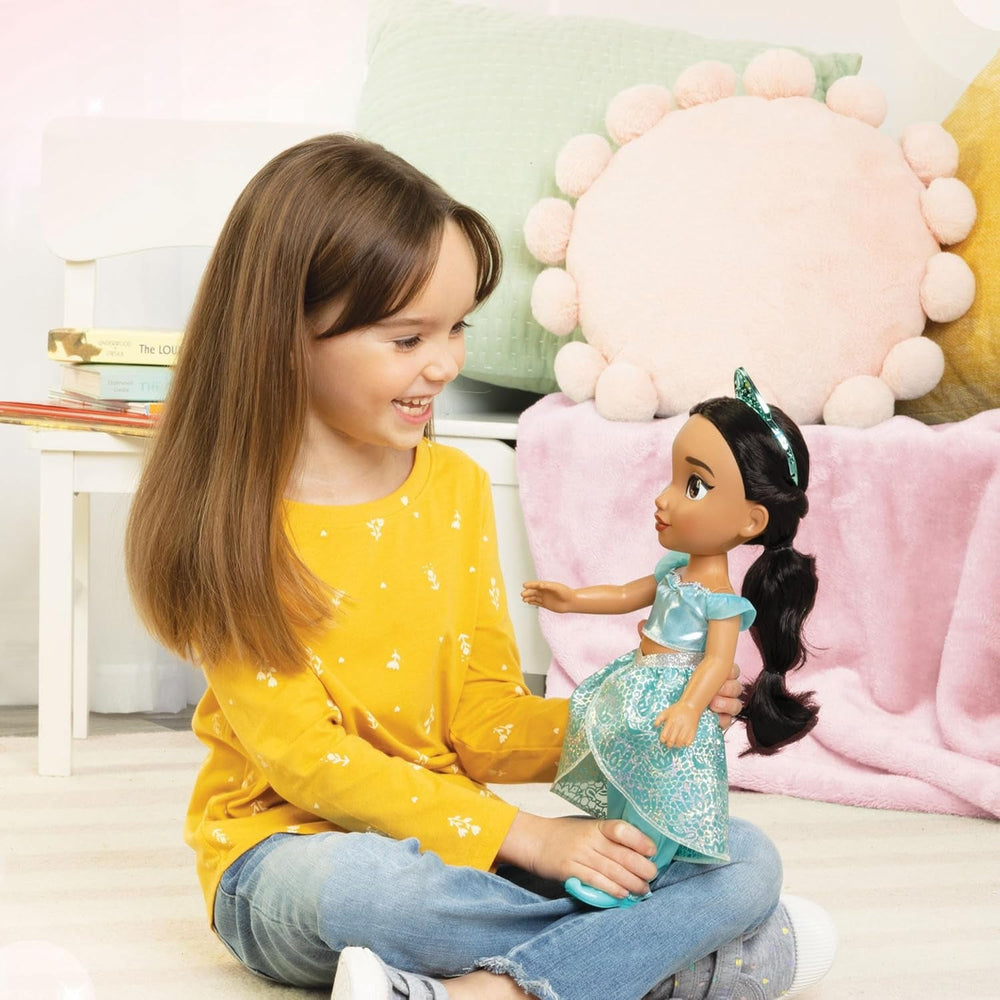 Disney Princess Jasmin Puppe 35cm, reflektierende Glitzeraugen, bewegliche Gelenke, ausziehbares Outfit, Schuhe, Krone, langes geflochtenes Haar, für Mädchen ab 3 Jahren