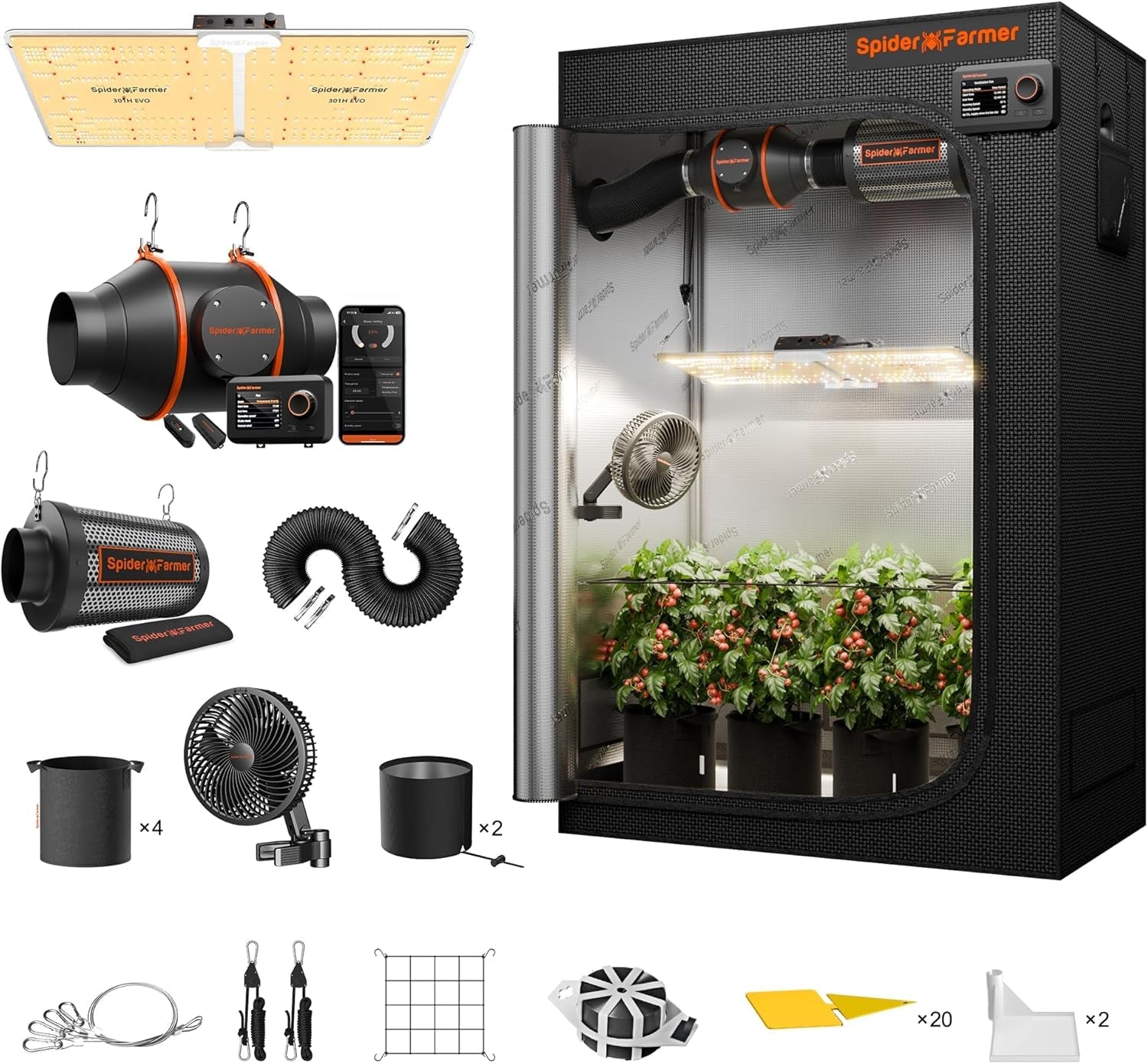 Set complet cort de creștere Spider Farmer SF1000, lampă de creștere LED reglabilă cu spectru complet, diode Samsung LM301H EVO, kit cort de creștere complet 70x70x160cm, set cort de creștere hidroponică, sistem de ventilație