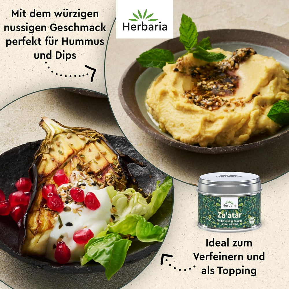Herbaria Za'atar bio 25g S-Dose – Zatar Gewürz, Zaatar Gewürz - orientalische Bio-Gewürzmischung für Gerichte der Levante Küche - mit erlesenen Zutaten - in nachhaltiger Aromaschutz-Dose