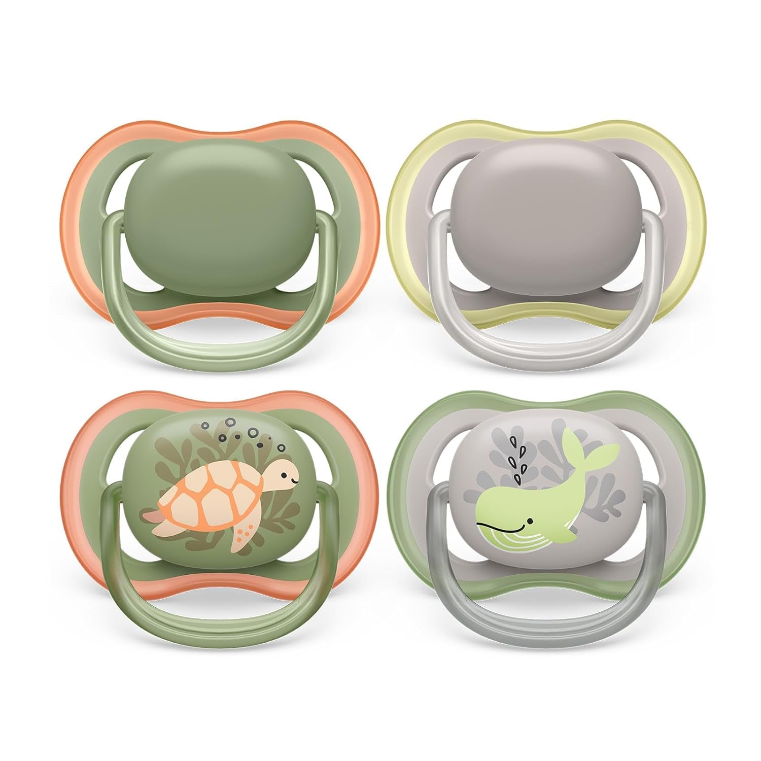Suzete Philips AVENT ultra air - pachet de 4 suzete fără BPA, respirabile, pentru bebeluși 6-18 luni, inclusiv cutie de transport și sterilizare, model broască țestoasă/balenă (model SCF085/66)