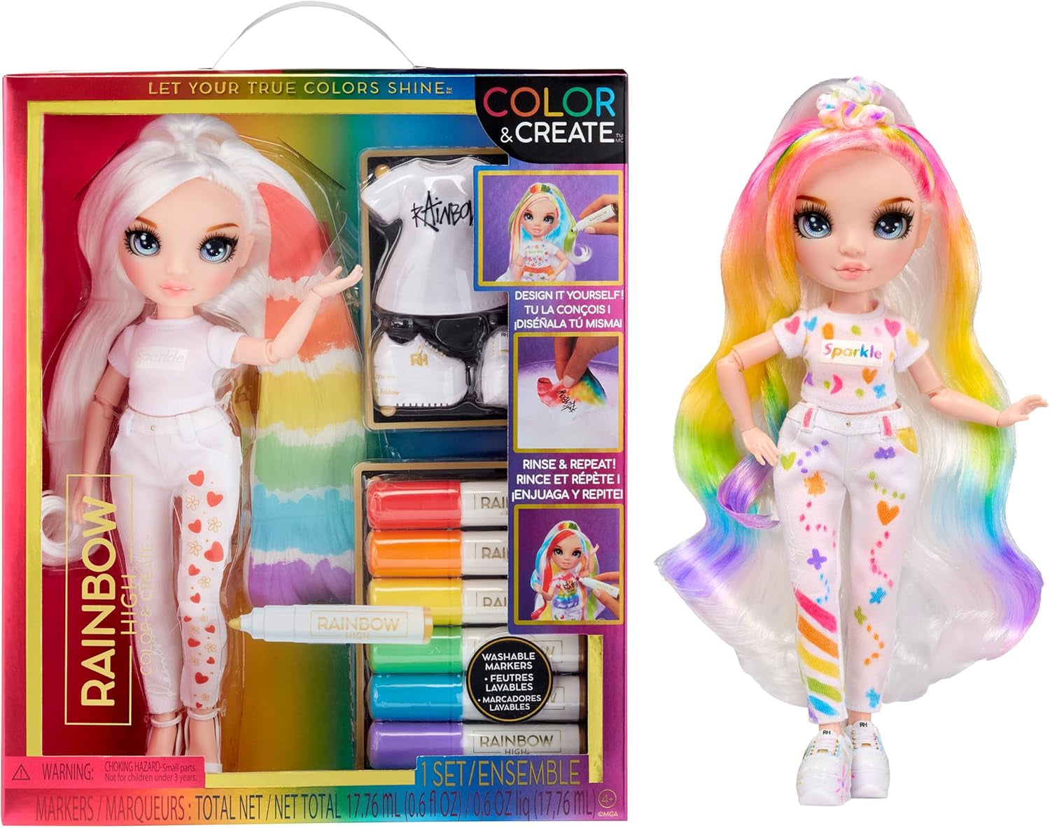 Rainbow High Color & Create DIY Modepuppe - Grüne Augen, Zöpfe, extra Top & Schuhe, abwaschbare Regenbogenstifte - Ausmalen, Gestalten, Spielen, Auswaschen - für Kinder von 4-12 Jahren und Sammler