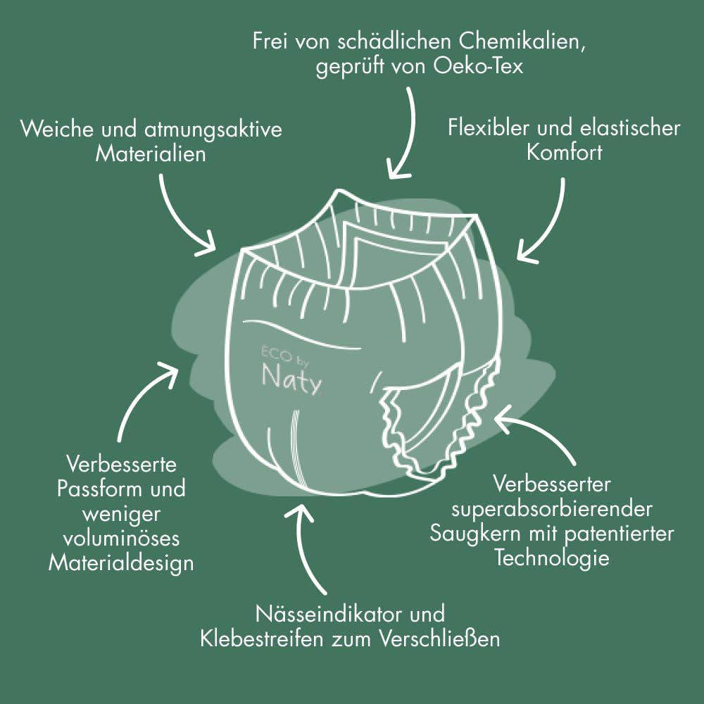 Scutece Naty FreeMovers pentru bebeluși | Huse de scutece certificate, prietenoase cu pielea | Moi și fără parfum | Absorbante și rezistente la scurgeri | Testate dermatologic | Mărimea 5 (12–18 kg) | 80 bucăți