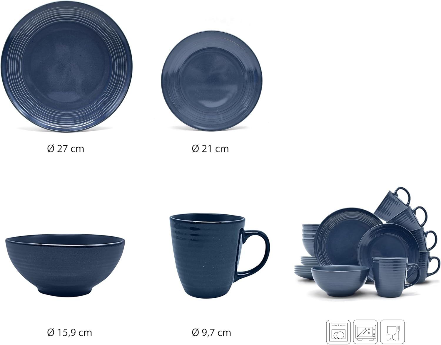 Set de veselă combinat vintage ECHTWERK „Alicia” cu 16 piese Design modern pentru 4 persoane, set elegant de veselă din gresie albastru închis cu 4 farfurii, 4 farfurii laterale, 4 boluri, 4 cești de ceai