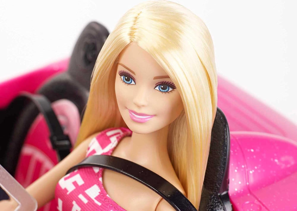 Păpușă Barbie și decapotabilă roz cu sclipici, anvelope realiste, logo, jucărie pentru vârste de la 3 ani în sus, DJR55