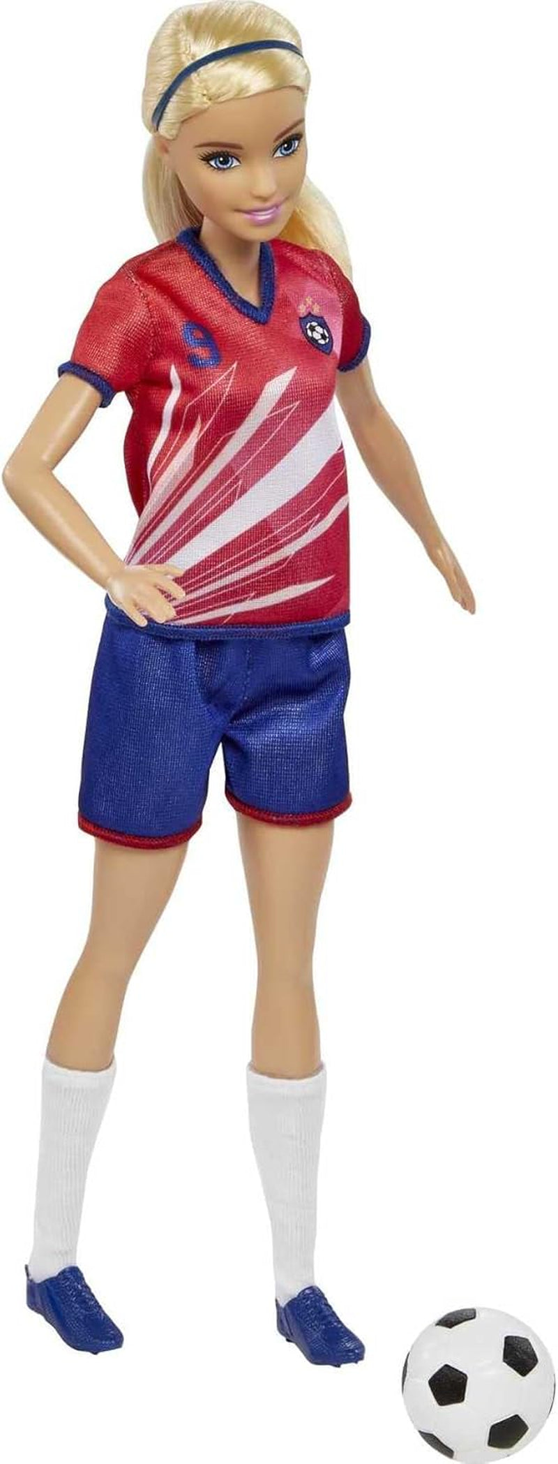 Barbie You Can Be Anything Serie, Fußballspieler, Fußballspieler mit blonden Haaren, rotem und blauem Trikot, Ball, Zubehör, inkl. Puppe, Geschenk für Kinder ab 3 Jahren,HCN17