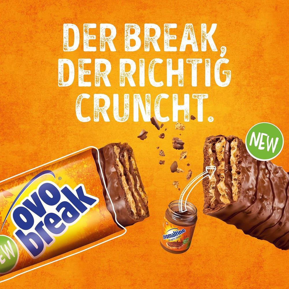 Ovomaltine OVO BREAK Napolitană și Baton de Ciocolată - o gustare crocantă cu gustul inconfundabil al popularei noastre Creme Crocante, natural fără ulei de palmier (4 x 39g)