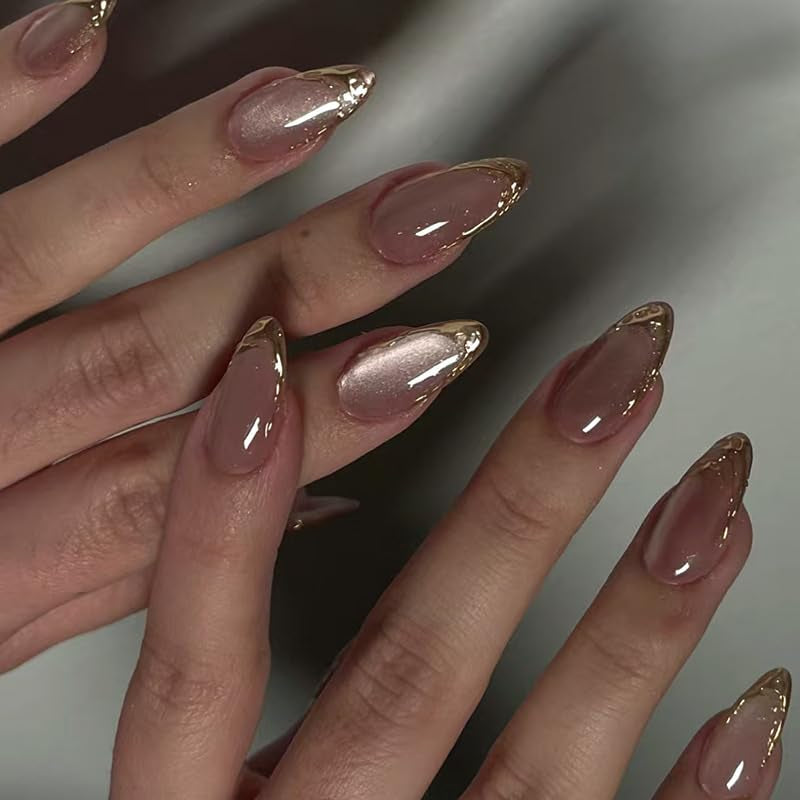 Mouyouglow Unghii False Magnetice Scurte, Roz Migdala Roșu Gradient Sclipici Cat Eye cu Lipici, Unghii Artificiale Roz Roșu Ombre Sclipici Fototerapie Pentru Femei și Fete