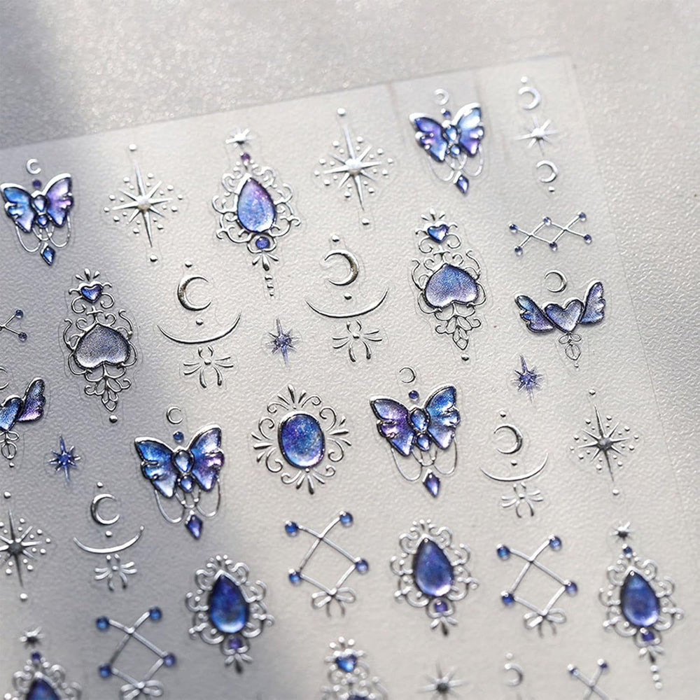 JMEOWIO 3D Nagelsticker Blauer Nail Art Sticker Selbstklebend Nagelaufkleber 5D Stereoskopisch Mondstern Dekoration Nageldesign Zubehör 1 Blatt