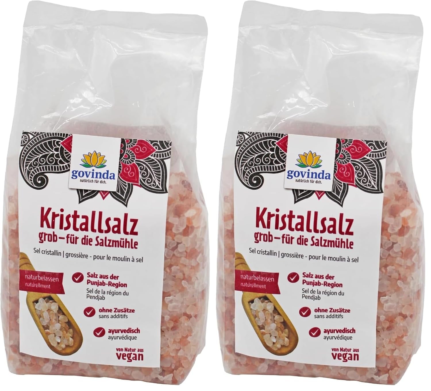 Govinda Kristallsalz - grob (1kg) | 250 Millionen Jahre alt | Salz aus der Punjab-Region | 100% naturbelassen & ohne Zusätze | Ayurvedisch | Vegan | Ideal für die Salzmühle