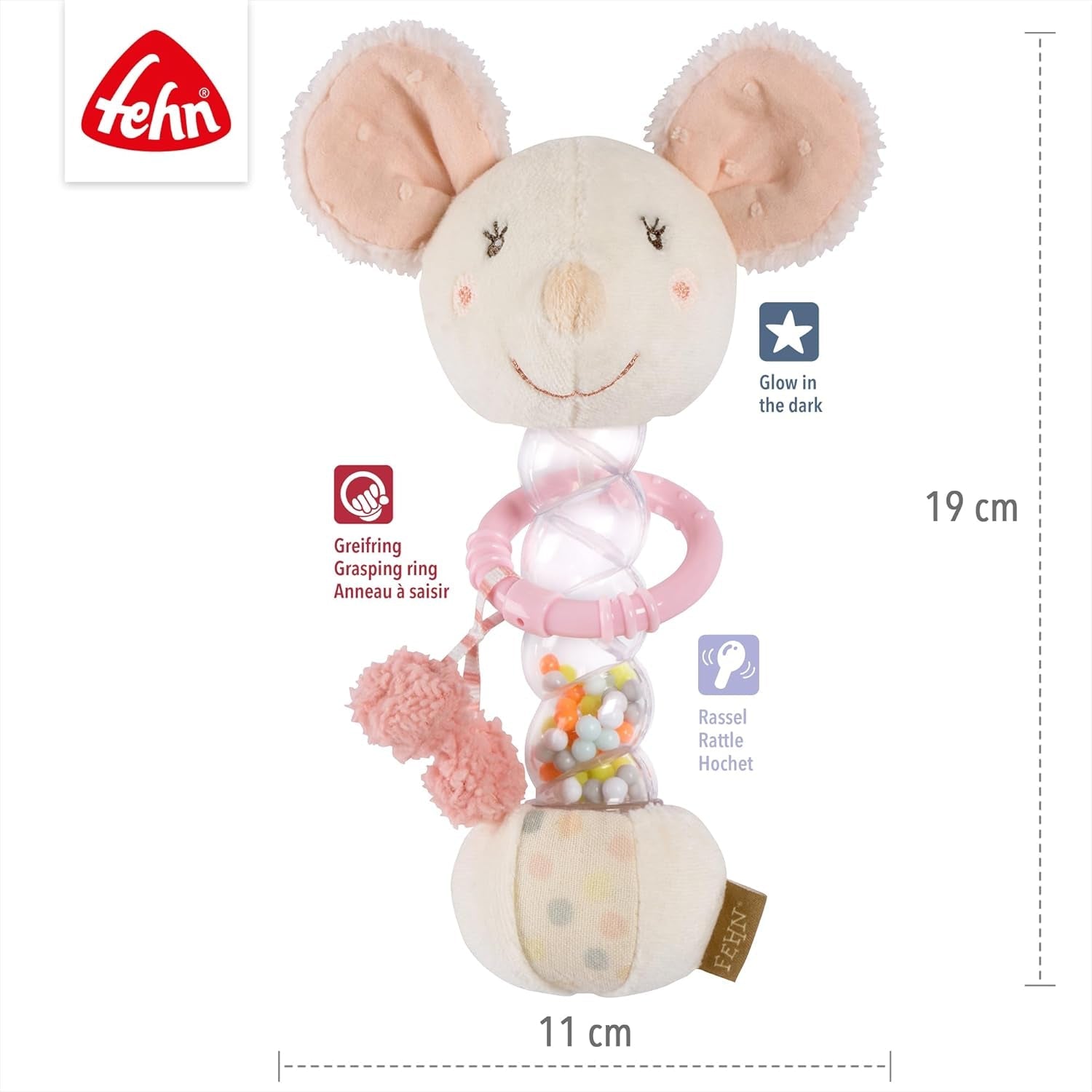 Fehn rainmaker mouse - jucărie pentru abilități motorii cu clopoțel pentru apucat și făcut zgomote - bățul cu clopoțel promovează în mod jucăuș simțurile și abilitățile motorii - pentru bebeluși și copii mici de la 0+ luni Jucarii Bebe Naty Shop
