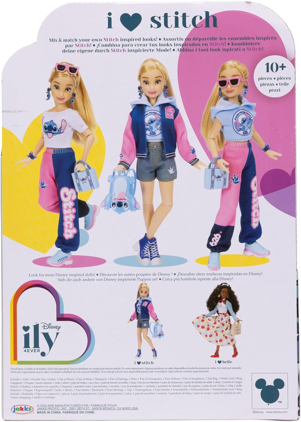 Disney ILY 4EVER Stitch Modepuppe mit Collegejacke und Zubehör, 29 cm, 13 Bewegungspunkte, offiziell lizenziert von Jakks Pacific. Komplett mit kombinierbarem Zubehör und glitzerndem Micky-Ring!