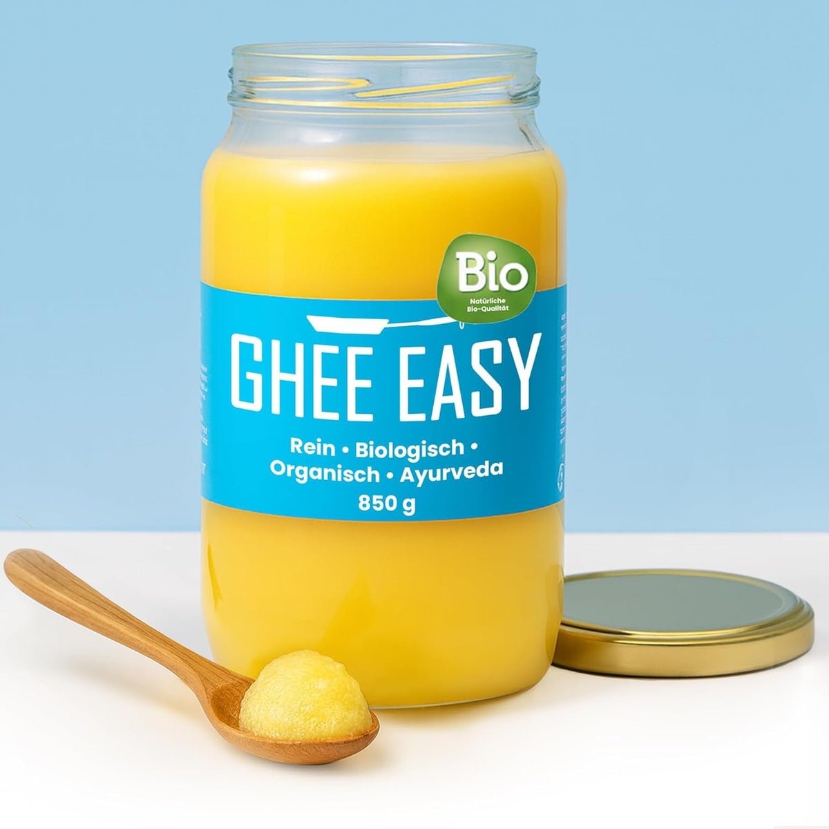 Ghee Easy 850g Ghee Bio von Grasgefütterten Kühen - Ghee Butter ohne Zusatzstoffe - Zertifiziert Organisch & Biologisch - Hochreines Ayurveda Ghee ohne Laktose und Gluten - 100% Europäisch