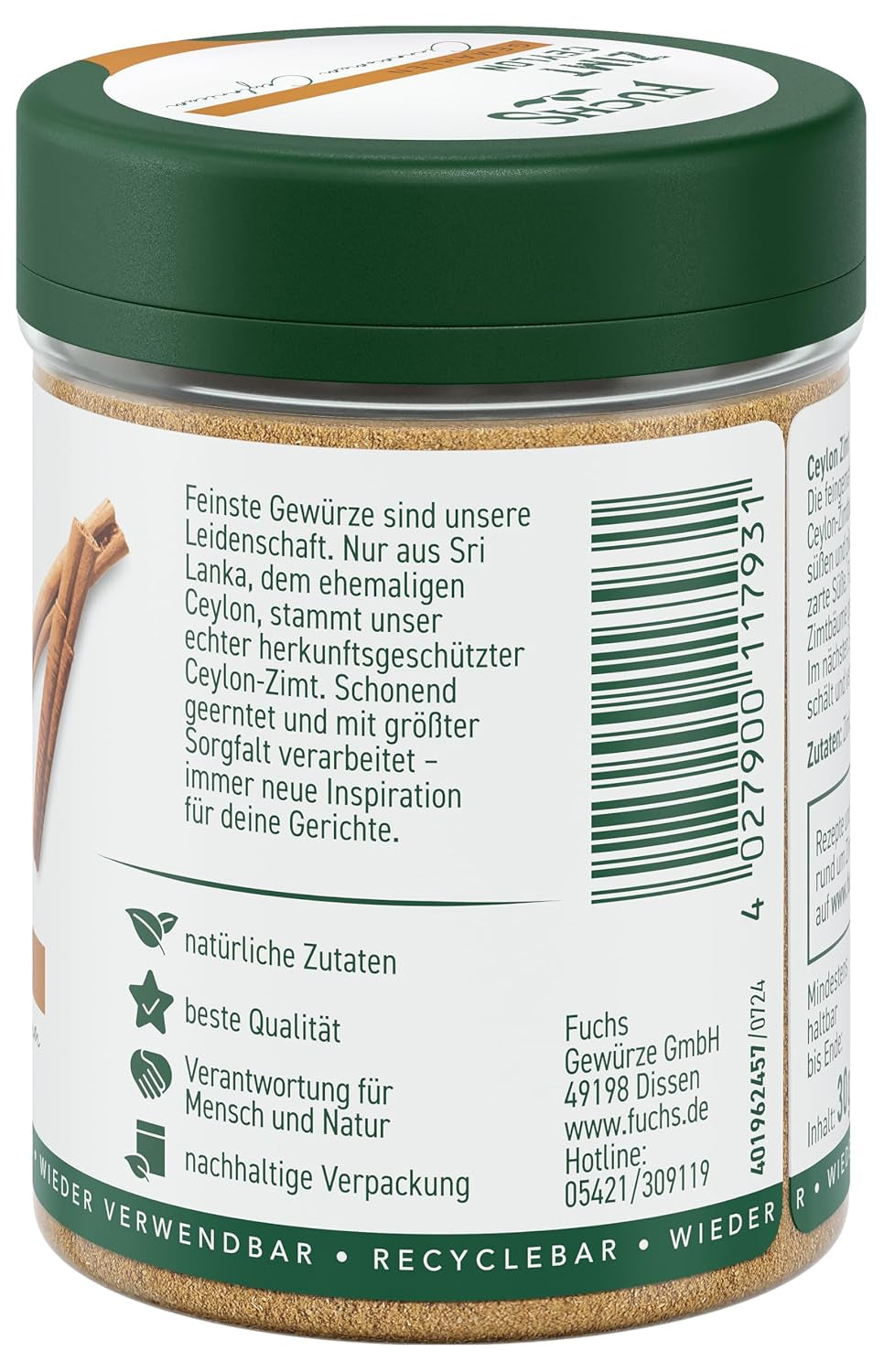 Fuchs Gewürze - Zimt Ceylon gemahlen | Aus natürlichen Zutaten | 30 g in wiederverwendbarer, recyclebarer Streudose