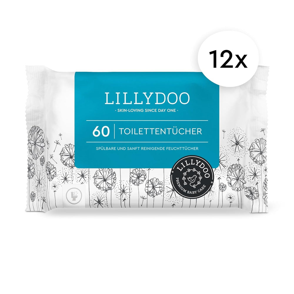 Șervețele umede pentru toaletă LILLYDOO, 720 bucăți (12 x 60), șervețele 100% fără plastic, de aruncat la toaletă, fără parfum
