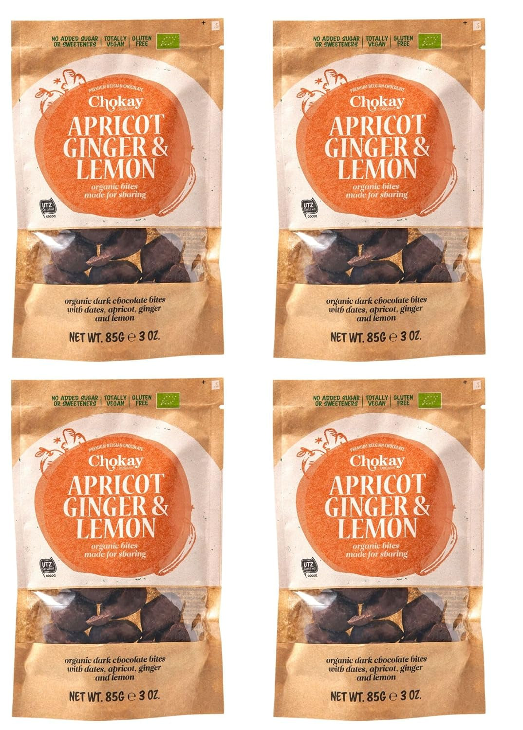 Set de 4 bucăți Organic Bites - Migdale cu scorțișoară/Migdale cu scorțișoară în ciocolată neagră belgiană/Fără zahăr adăugat, fără îndulcitori/VEGAN ȘI COMERȚ ECHITABIL / 4 x 85g