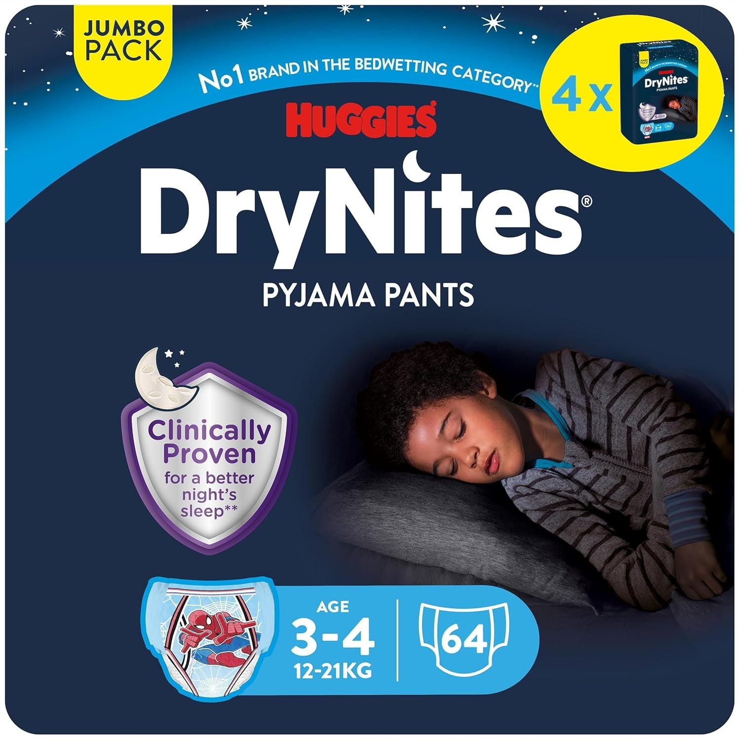 Scutece absorbante DryNites pentru noapte, pentru enurezis, pentru băieți 4-7 ani (17-30 kg), pachet lunar jumbo, 64 bucăți