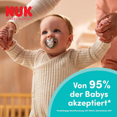 Suzete NUK Perfect Match Air Night pentru bebeluși | 0-6 luni | Suzete care strălucesc în întuneric, care promovează circulația aerului și previn salivarea | Acceptare 95% de către bebeluși** | Lion | Pachet de 2
