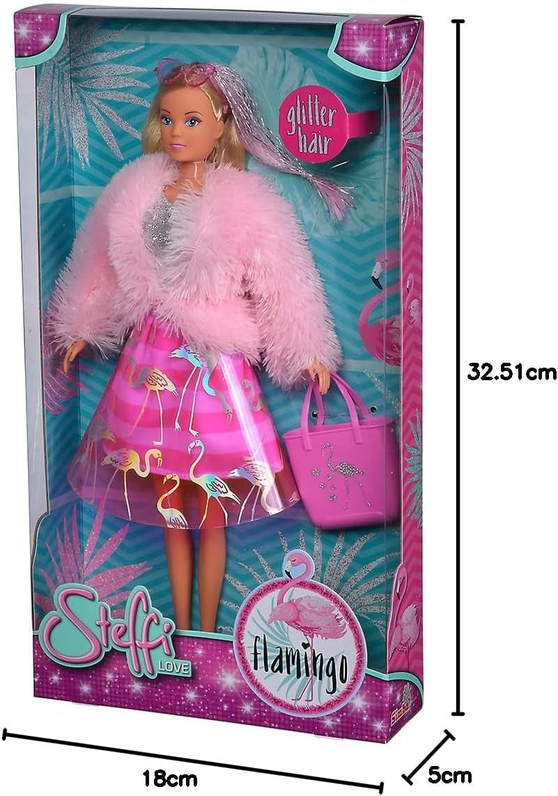 Simba Love Flamingo, Ankleidepuppe im modischen Outfit, Felljacke, Glitzerrock und Handtasche, Puppe 29cm, ab 3 Jahren, 105733559
