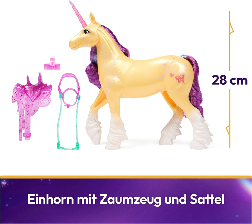 Unicorn Academy Einhorn Leaf - 28 cm groß, Original-Einhorn von Ava zur Netflix-Serie, mit echter Mähne und Schweif, abnehmbarem Zaumzeug und Sattel sowie Bürste, für Kinder ab 4 Jahren