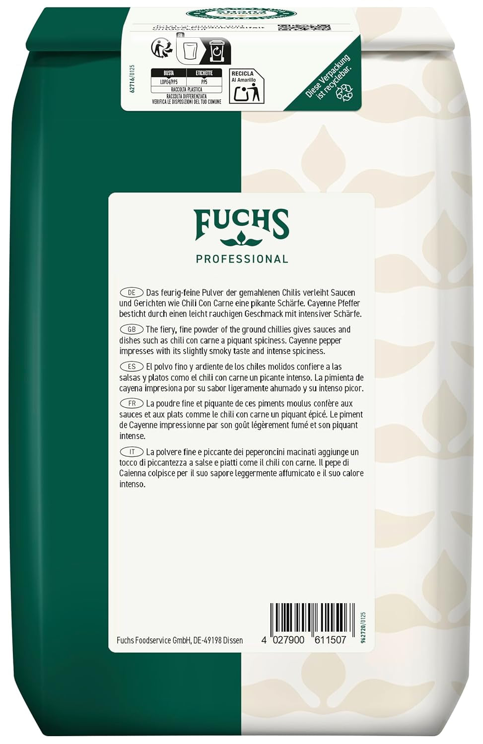 Fuchs Professional - Cayenne Pfeffer gemahlen | Scharfes Gewürz für Chili con Carne | Profi-Qualität für Großverbraucher und Gastronomie | 1 kg im recyclebaren Beutel