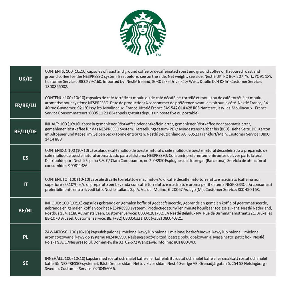 STARBUCKS Espresso Roast Entkoffeiniert by Nespresso, Dunkle Röstung, Kaffeekapseln 10 x 10 (100 Kapseln)