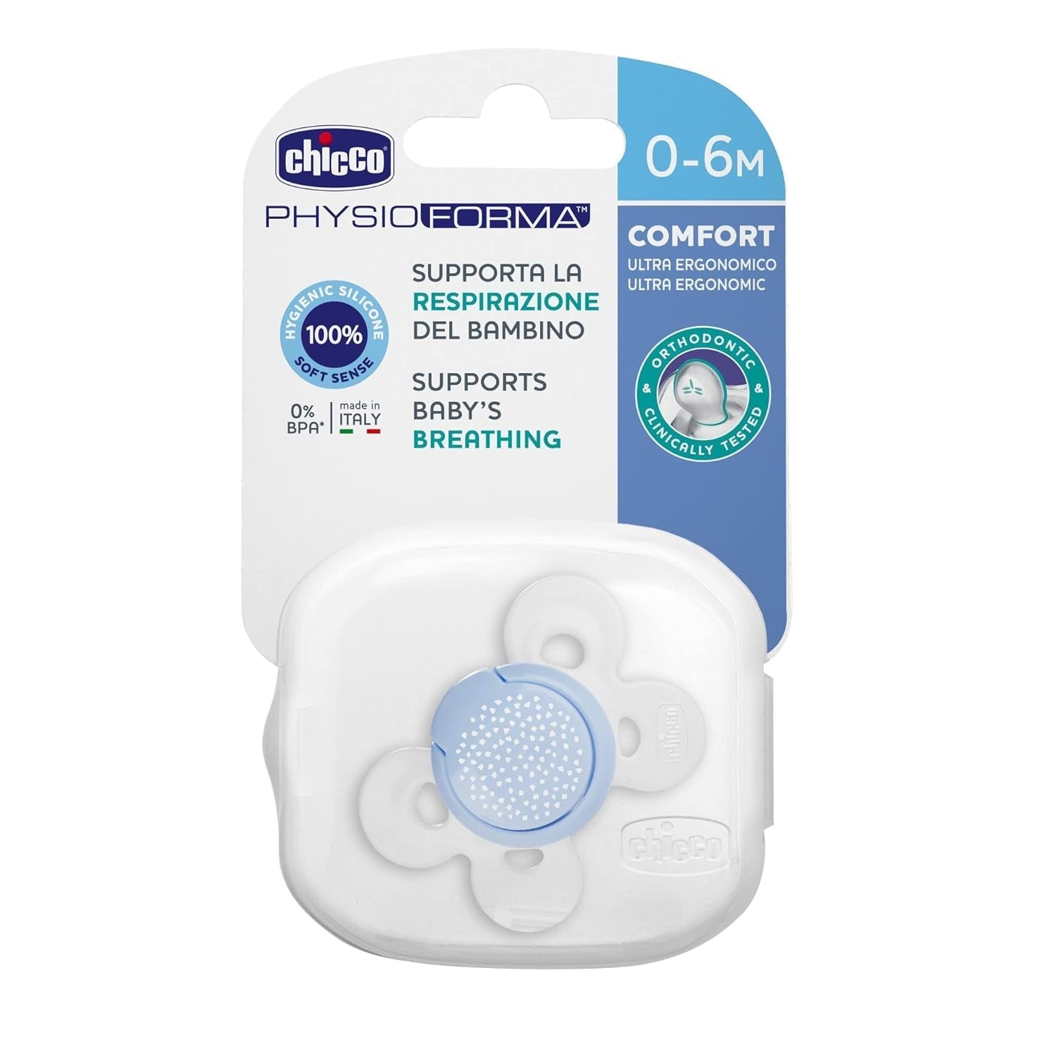 Chicco PhysioForma Comfort Suzetă 16-36 Luni, Suzetă pentru bebeluși cu tetină din silicon, 1 bucată, Susține respirația fiziologică și dezvoltarea orală corectă, Albastră