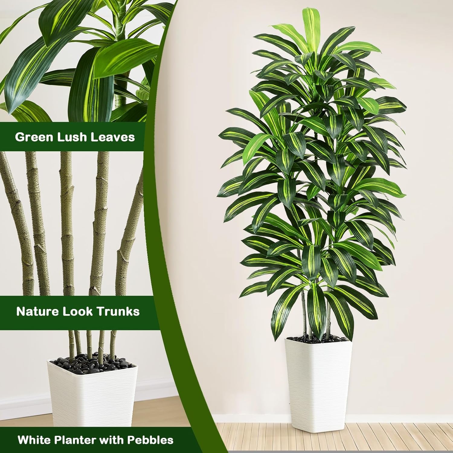 Künstlicher Dracaenabaum,Kunstpflanzen Groß,Faux Tree Mit Weißem Hohen Pflanzer Realistische Kunstpflanze Dracaena,Kunstpflanzen Für Wohnzimmer, Büro & Garten(1, Weißer Hoher Pflanzer, 150Cm)