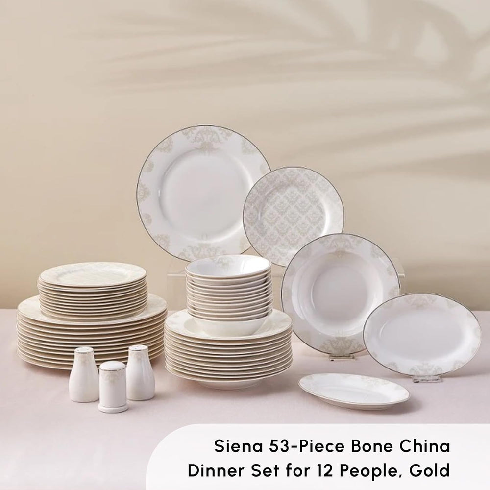 Karaca Elegance Bone Siena - set de veselă pentru 12 persoane, set modern de farfurii din porțelan, set de veselă cu boluri pentru supă, platou de servire, farfurii adânci, farfurii pentru desert - alb și auriu