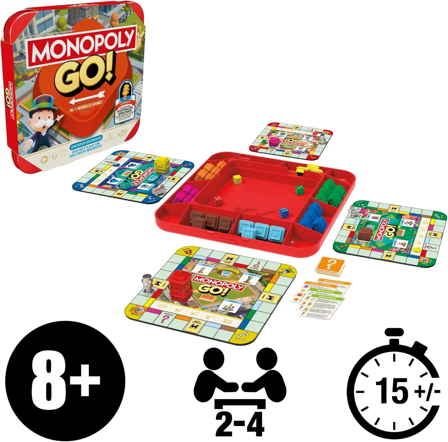 Joc de societate Monopoly GO! - Versiune germană, joc bazat pe populara versiune online, joc de strategie rapid pentru întreaga familie, distractiv pentru 2 până la 4 jucători