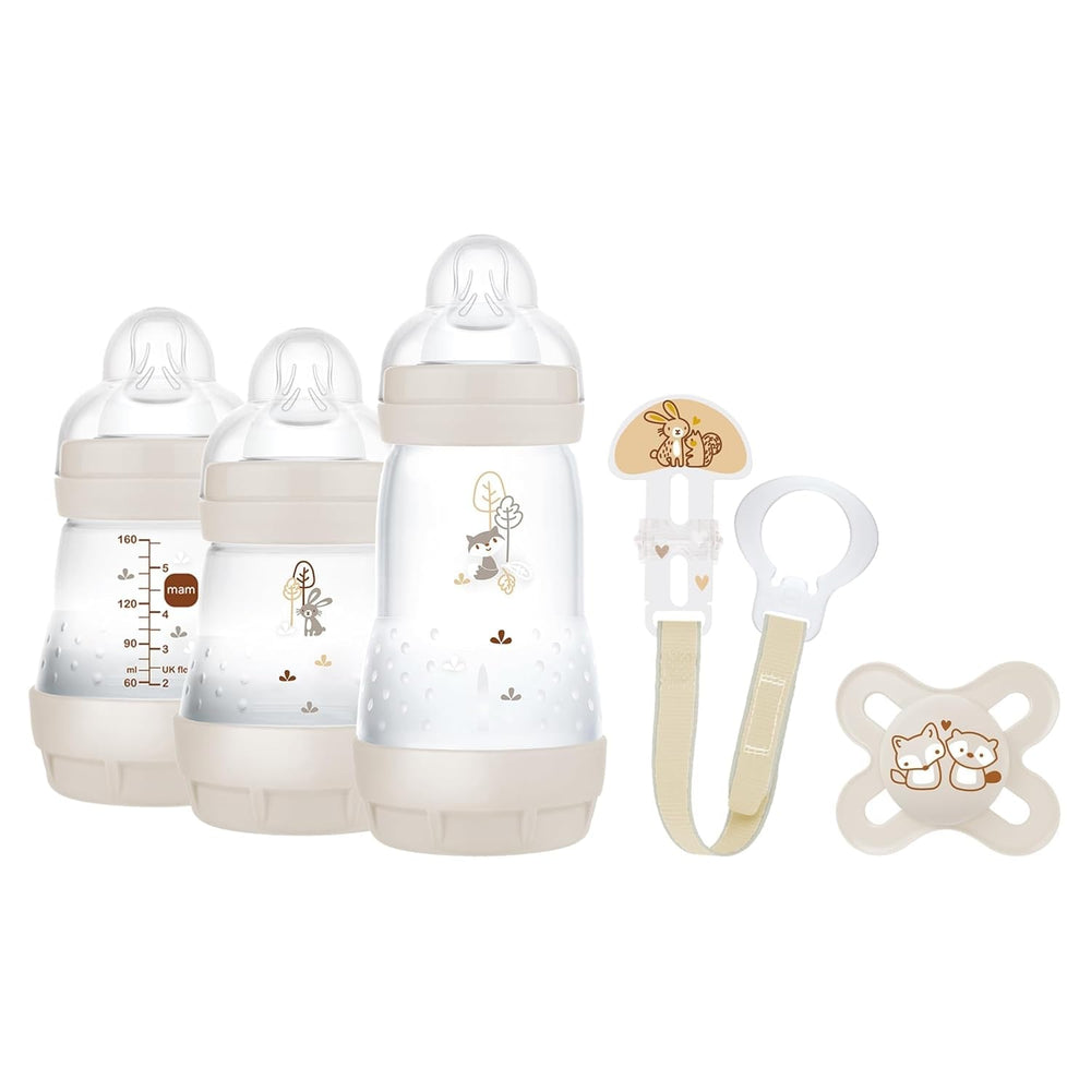 Set MAM Nou-născut, Set Cadou, format din: 2 x Biberoane Anti-Colic 160 ml, 1 x Biberon Anti-Colic 260 ml, 1 x Suzetă Original Start, 1 x Broșă pentru suzetă, de la 0 luni, Neutro