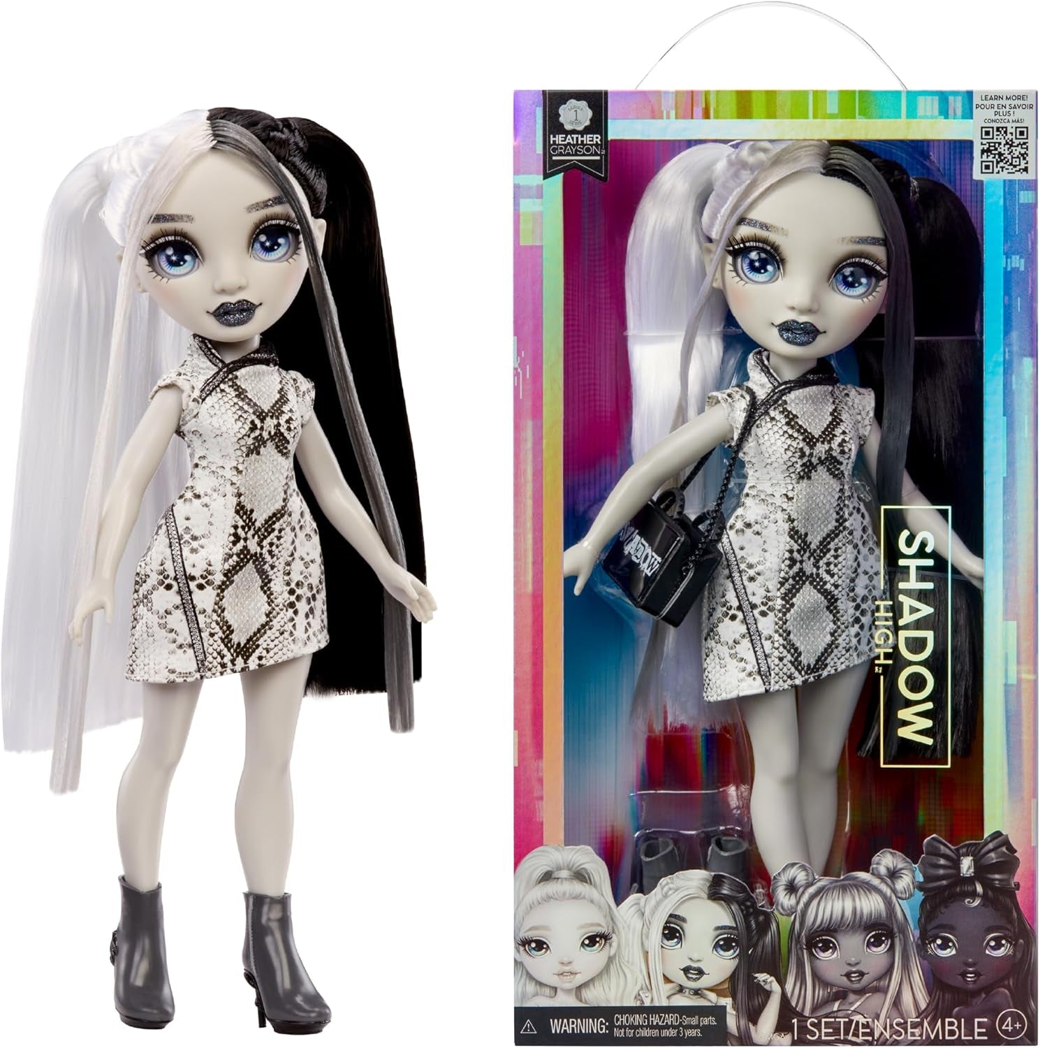 Păpușă Rainbow High Shadow High Heather Grayson - 28 cm în nuanțe de gri, păr și ținută alb-negru, geantă elegantă, cadou dulce pentru copii cu vârsta cuprinsă între 4 și 10 ani