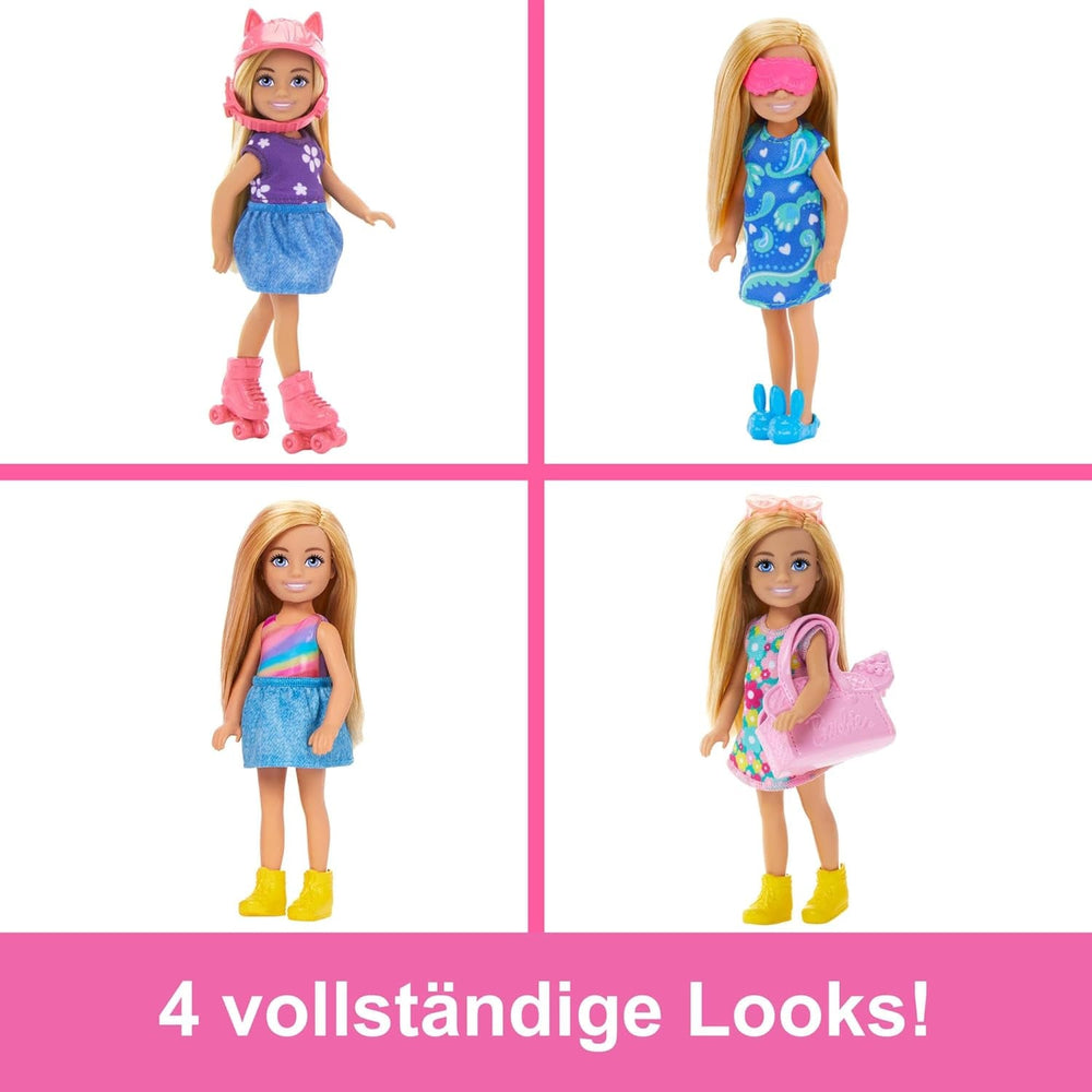 Barbie Chelsea Puppe und Kleiderschrank-Spielset mit Kleidung und Accessoires, 17-teiliges Set, faltbar zum Spielen für unterwegs und zum Verstauen, HXN03