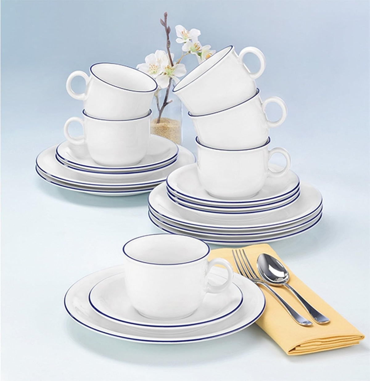 Serviciu de cafea Seltmann Weiden cu 18 piese | Serie compactă, margine albastră | Setul include 6 farfurii pentru micul dejun, 6 cești de cafea și 6 farfurioare, albastre