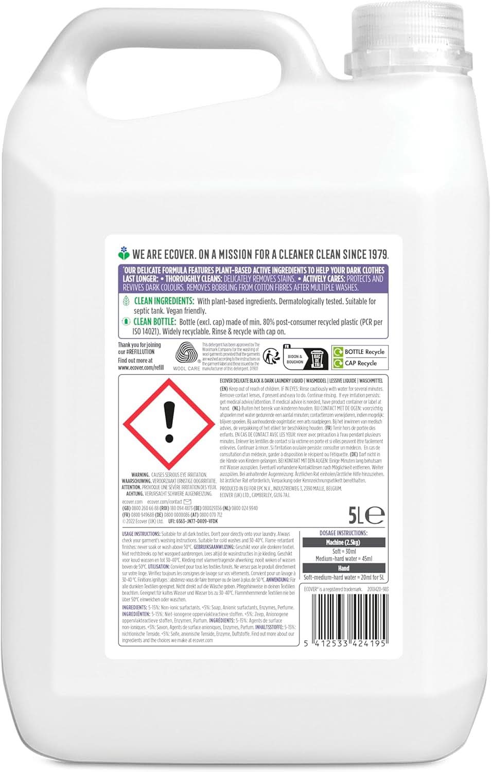 Ecover Delicate Detergent Black & Dark - Lime & Lotus (5 litri, 111 spalari), Detergent lichid cu ingrediente vegetale pentru rufe închise la culoare Naty Shop