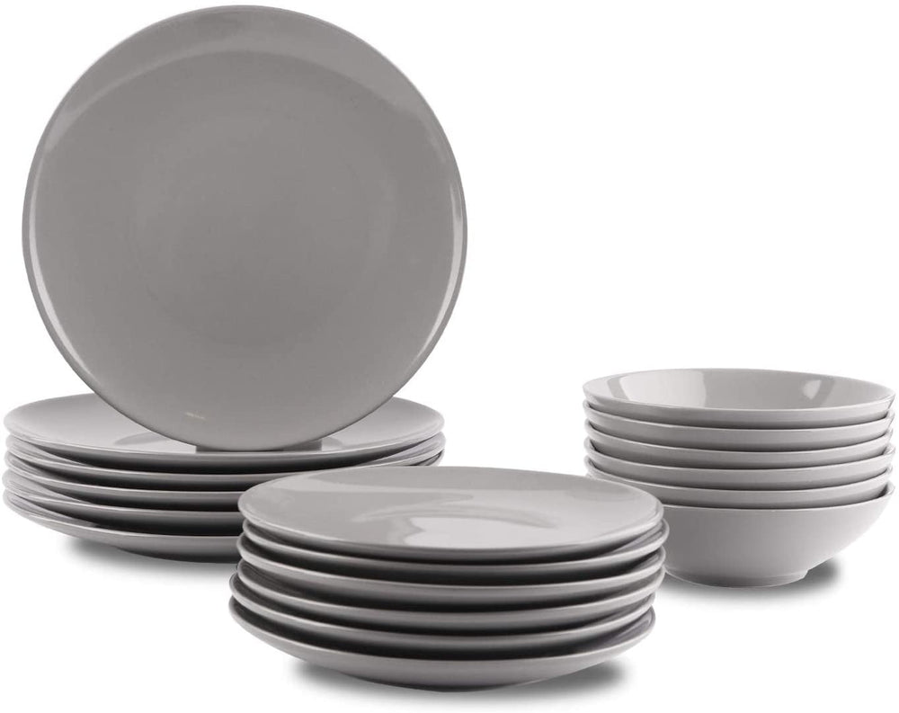 Set de veselă din gresie Amazon Basics, 18 piese, gri fumuriu, 6 porții