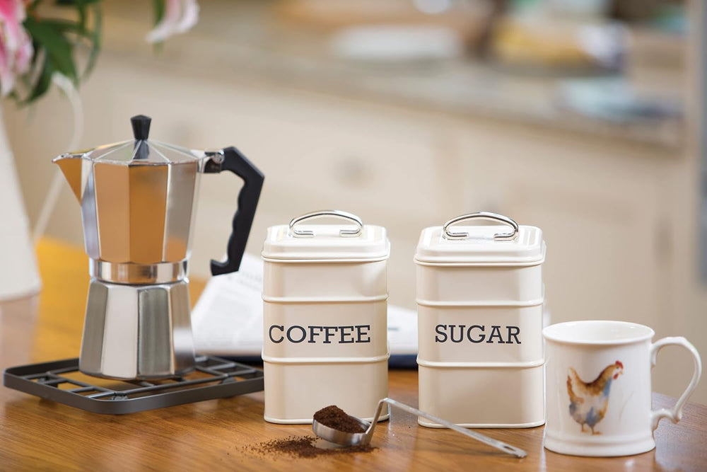 KitchenCraft Living Nostalgia set de 3 borcane de depozitare pentru ceai, zahăr și cafea, în cutie cadou, oțel, Antique Cream , 11 cm x 11 cm x 17 cm, Vintage Blue Cutii depozitare alimente Naty Shop