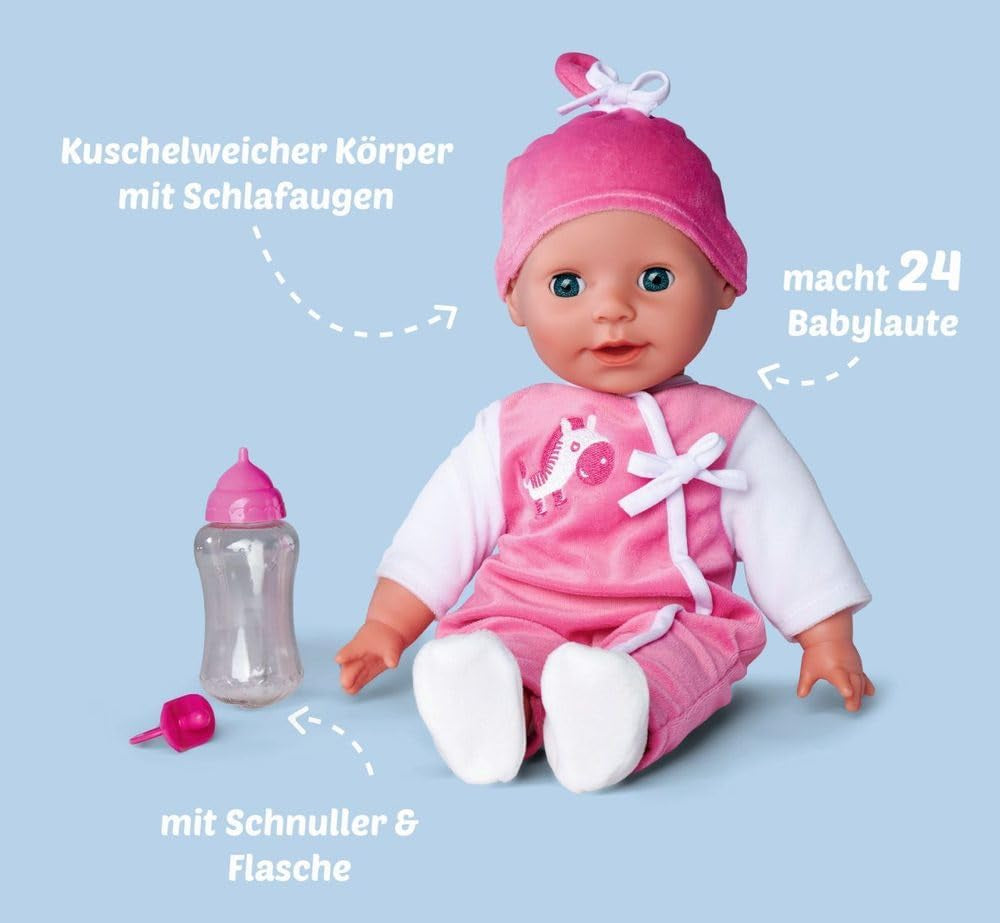 Simba 105140489 - Păpușa Laura Baby Talk, Păpușă cu corp moale de 38 cm și ochi adormiți, în salopă drăguță, 24 de sunete pentru bebeluși, Păpușă de joacă, Păpușă bebeluș, Vârste 2+