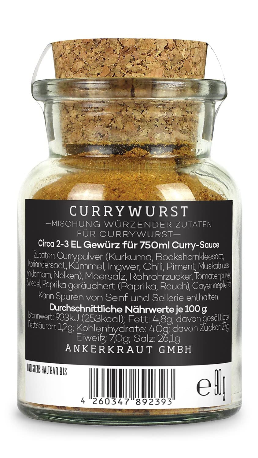 Ankerkraut Currywurst, 90g im Korkenglas, Gewürzmischung zum Anmischen selbstgemachter Currywurst-Soße oder als Topping
