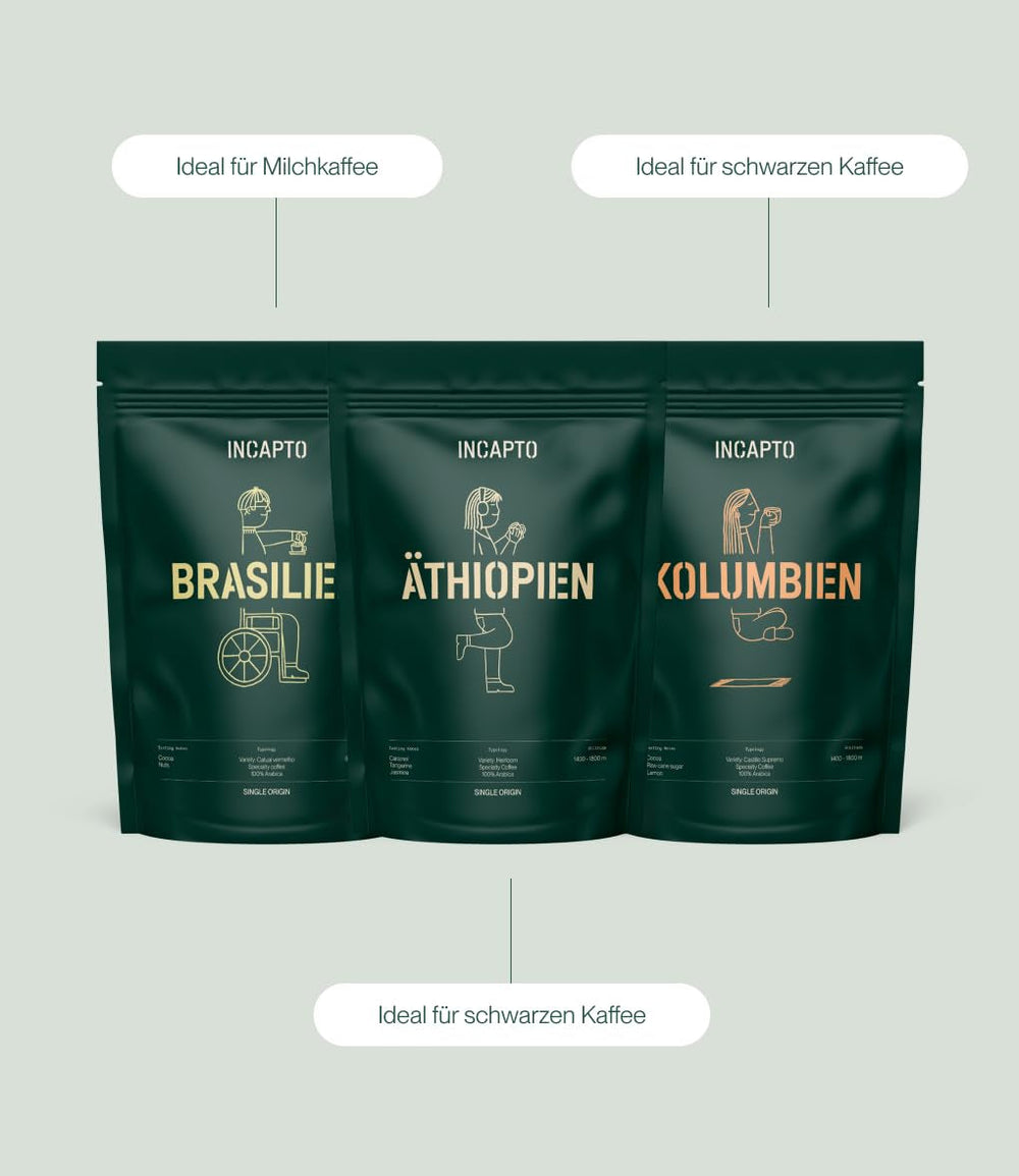 Incapto Best Sellers Set Spezialitäten-Kaffeebohnen | Herkunft - Kolumbien, Brasilien und Äthiopien | Specialty Coffee +80 Punkte SCA | 3 Pakete à 500g